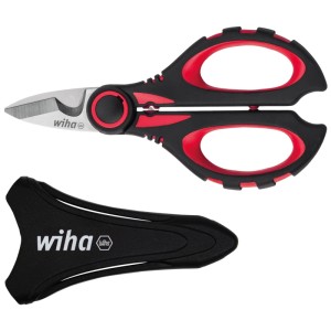 Wiha Elektrikerschere 160 mm mit Crimpfunktion. Schwarz-rote Griffe, Klingenkerbe, inkl. Schutzhülle. Für Kabelarbeiten.