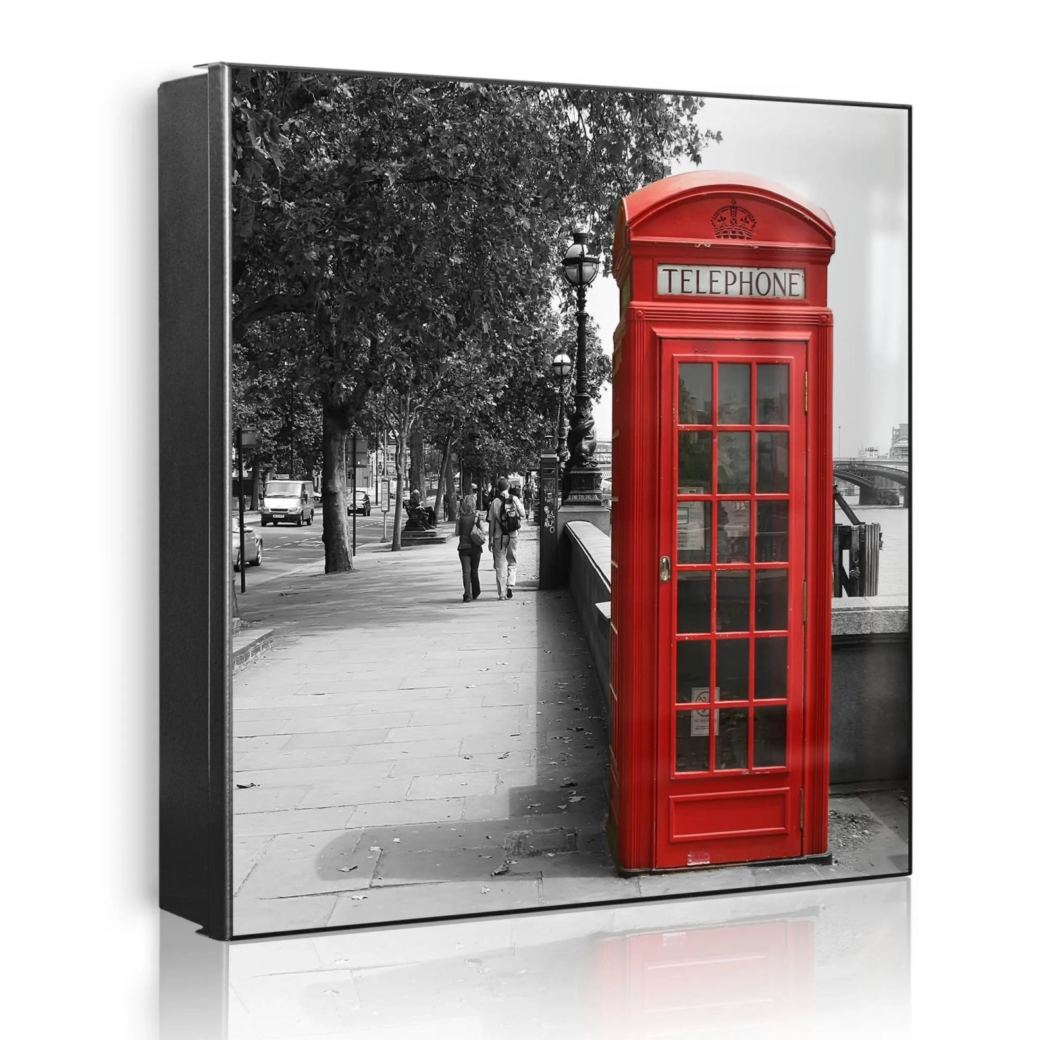 Banjado Großer Schlüsselkasten Metall 30x30cm Schwarz Scharnier Links 50 Haken Beschreibbar Magnetisch Motiv London Red Telephone