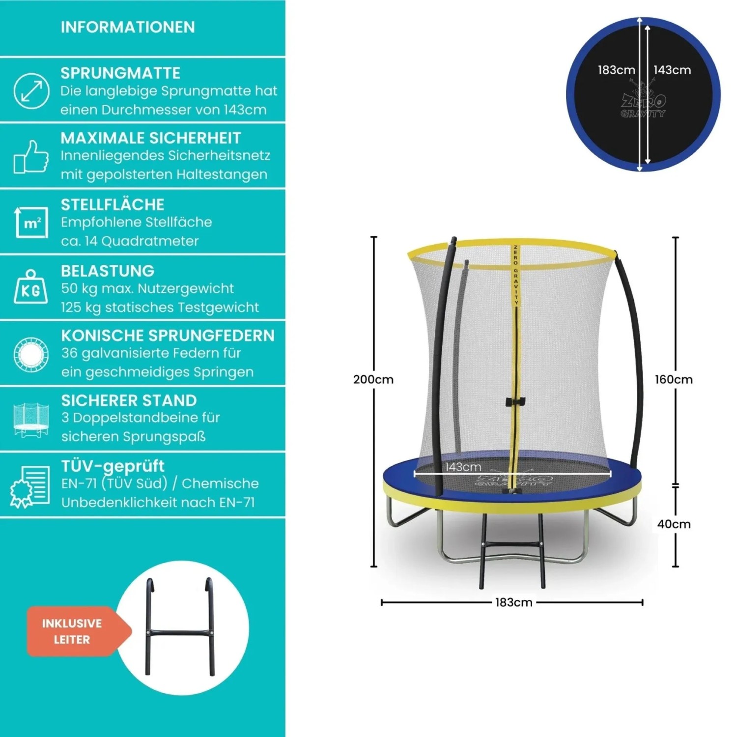 Blaues Zero Gravity Gartentrampolin 183cm mit Sicherheitsnetz und Leiter.
