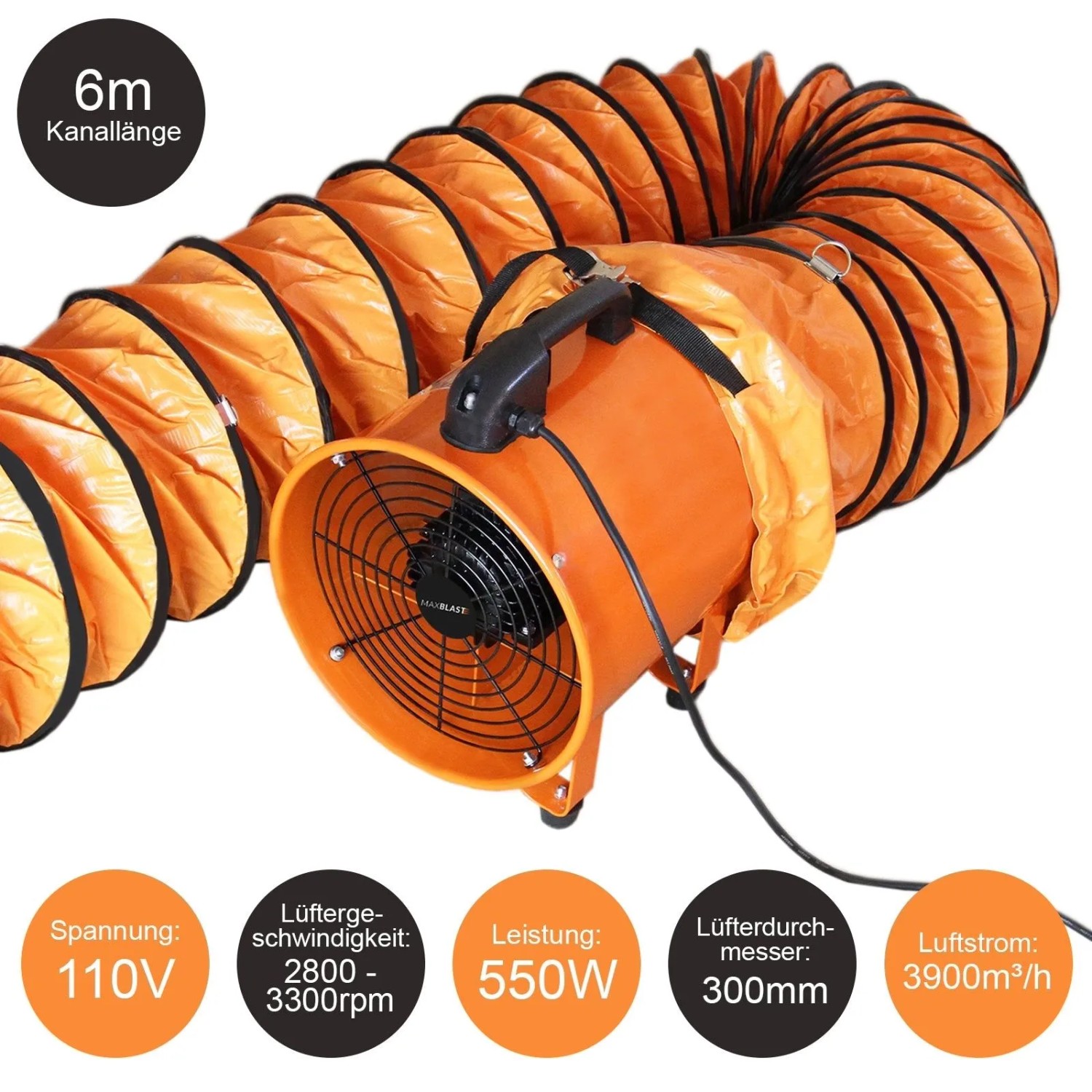Oranger MAXBLAST Industrieventilator 300mm mit 6m Kanal für Luftzufuhr und Staubentfernung.