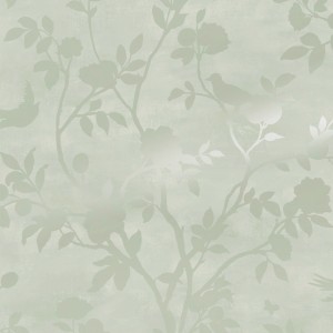 Laura Ashley Vliestapete Eglantine Silhouette in zartem Grün mit Rosen, Blättern und Vogel-Silhouetten.