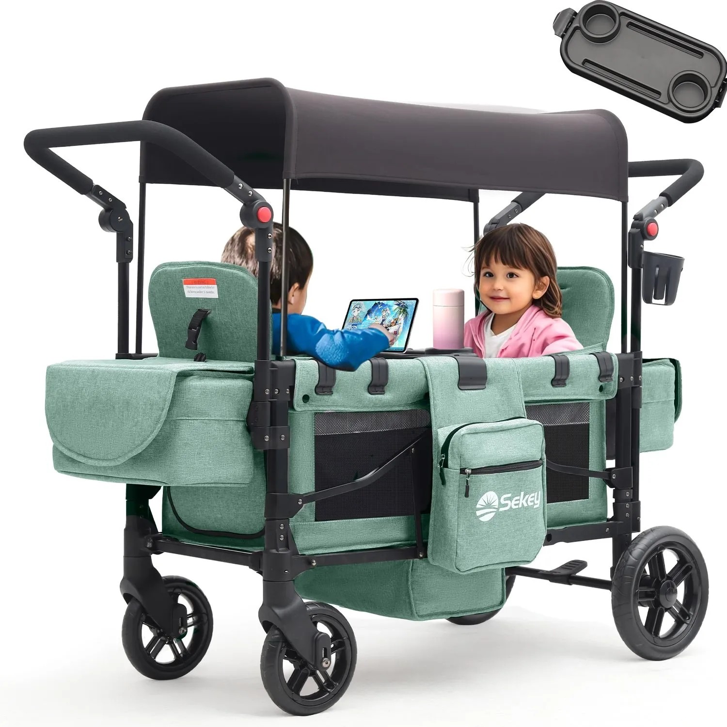 Sekey Faltbarer Bollerwagen XXL 2-Sitzer mit Schiebegriff und 5-Punkt-Gurt Blaugrün