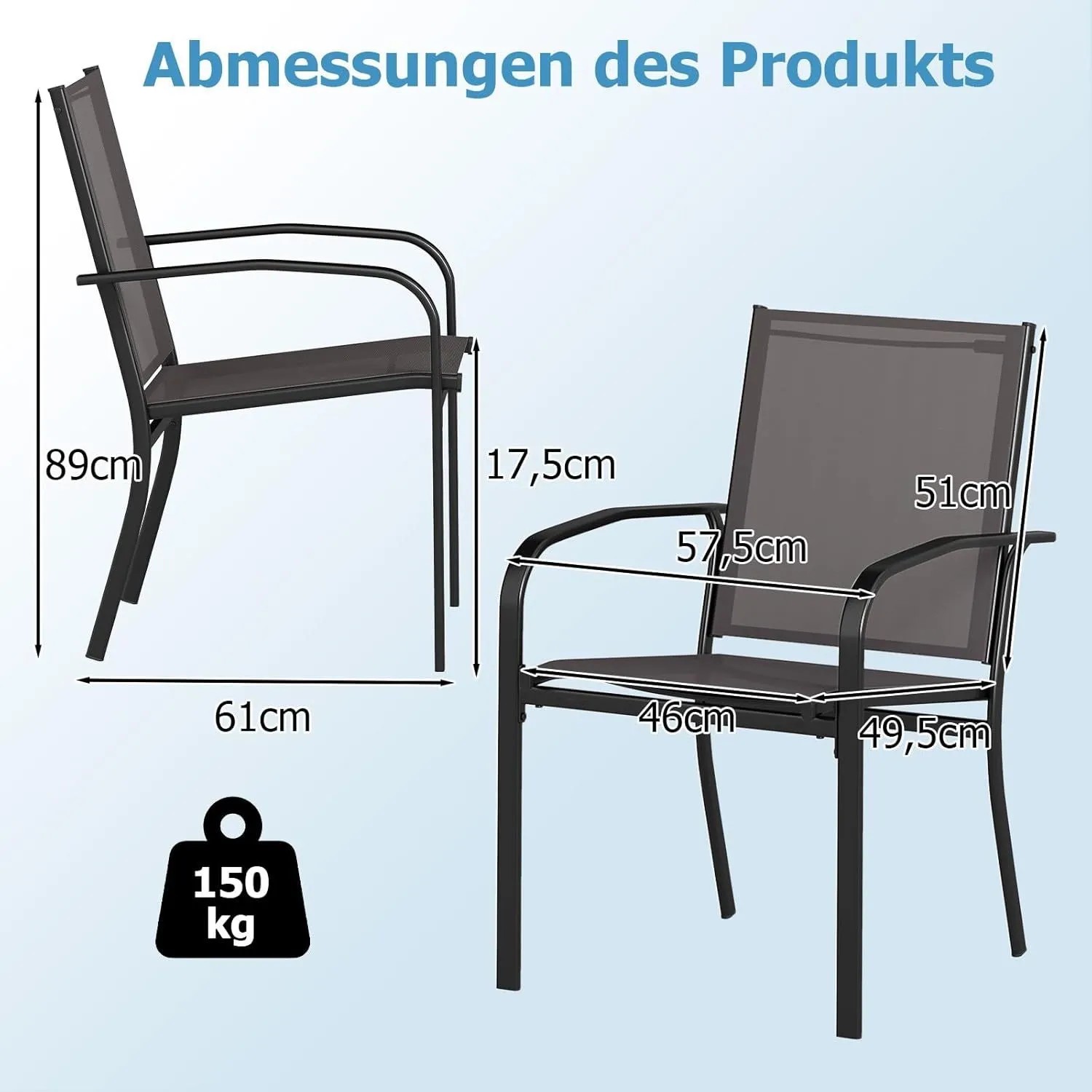 Costway Gartenstühle im 2er Set, stapelbar, grau, mit Maßangaben.
