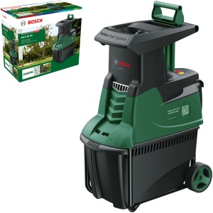 Bosch Gartenhäcksler AXT 25 TC mit Fangbox und Produktverpackung.