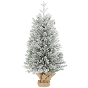 Künstlicher, verschneiter Weihnachtsbaum aus Kunststoff, 90 cm hoch, mit Leinenfuß. Grüne Zweige, weiß geflockt.