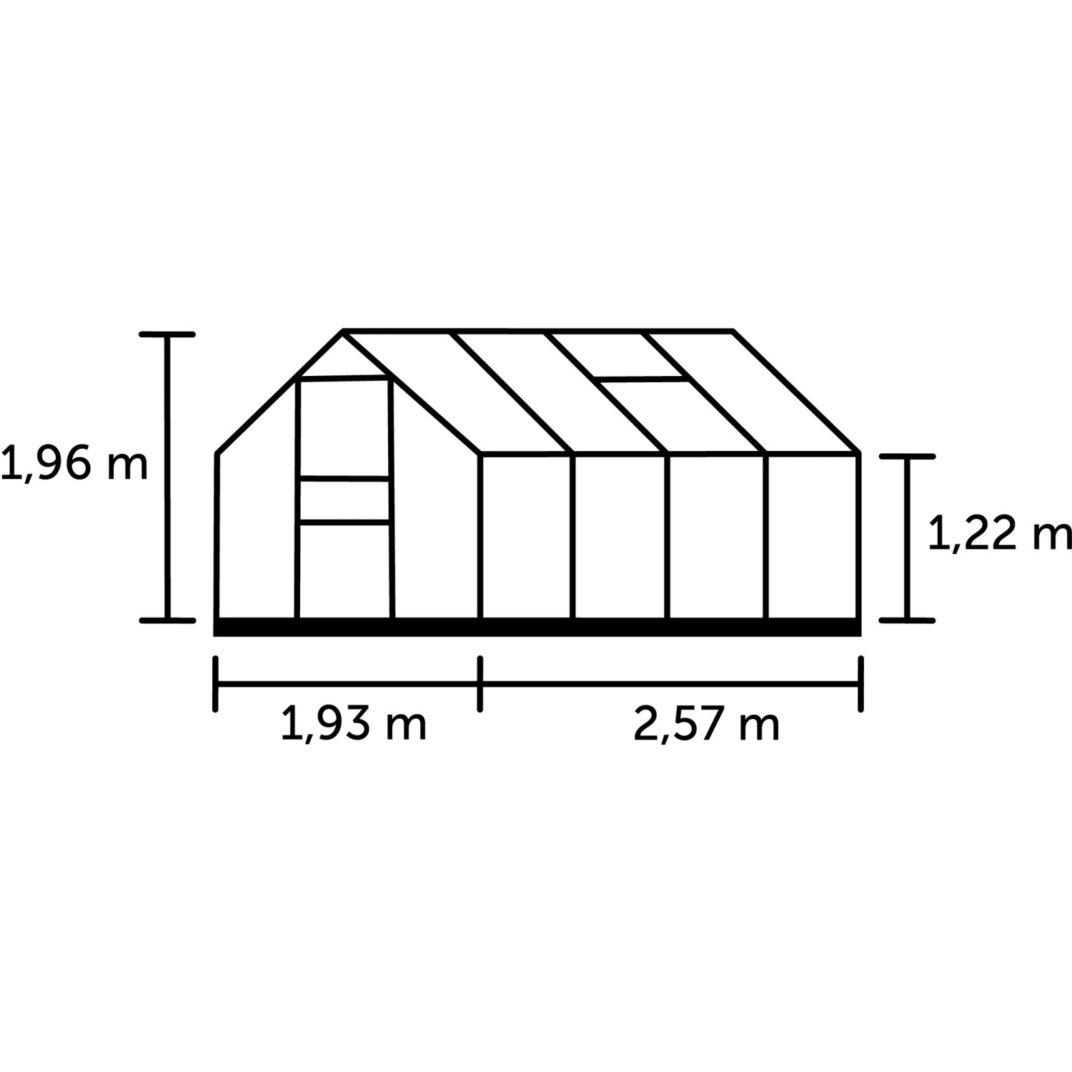 Skizze des Halls Gewächshauses Popular 86 Schwarz 5 m² mit Maßangaben.