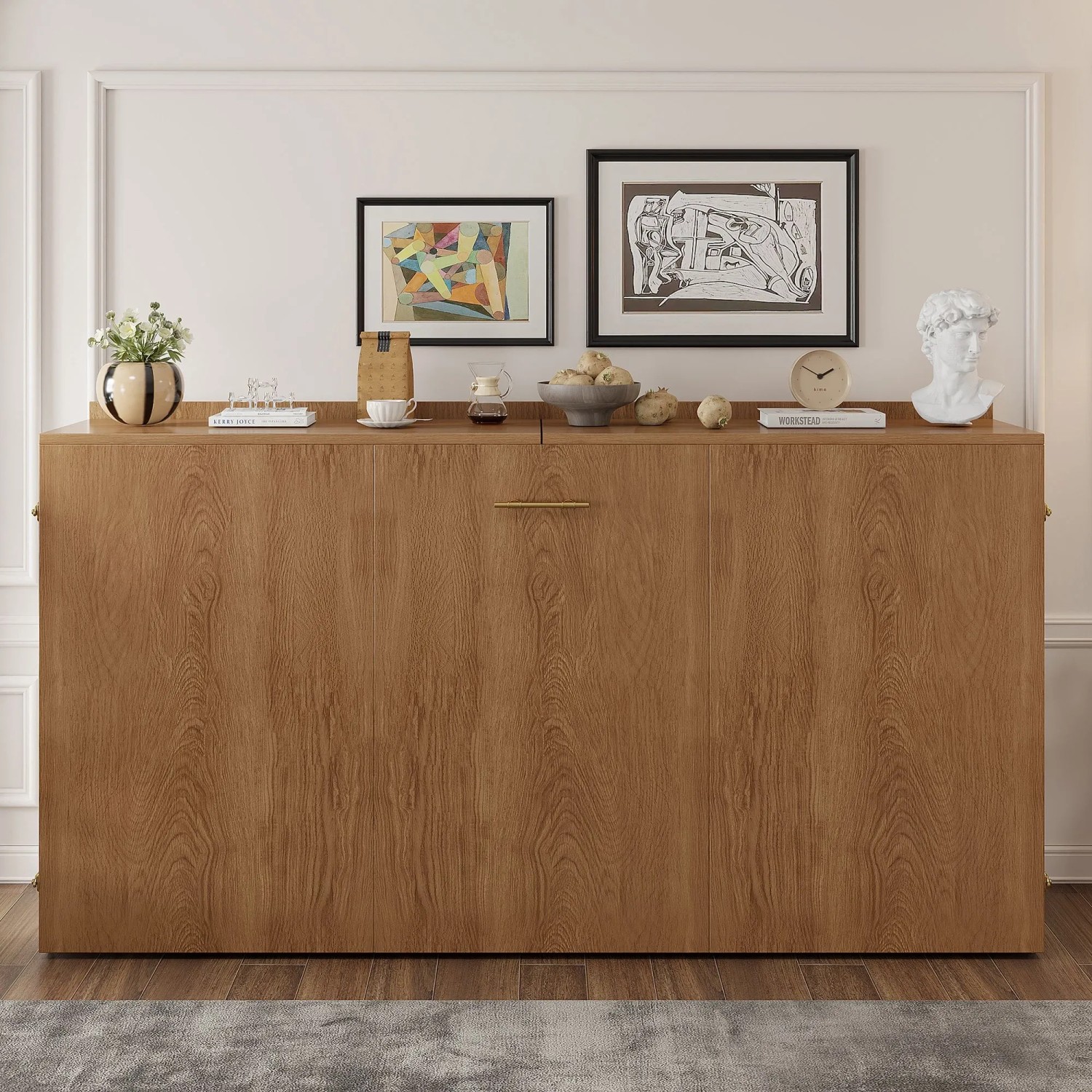 Geschlossenes Klappbett in Holzoptik, als eleganter Schrank. Modernes, platzsparendes Schrankbett für Betten.
