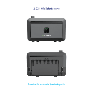 Growatt Solarspeicher 2.048 Wh für Balkonkraftwerk, stapelbar für mehr Kapazität.
