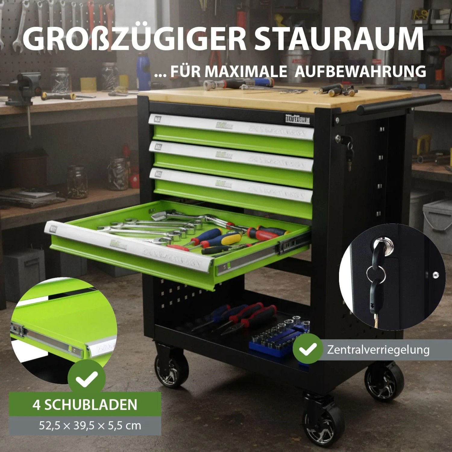 Grüner TRUTZHOLM Werkstattwagen mit 4 Schubladen, Werkzeug und Massivholzplatte.
