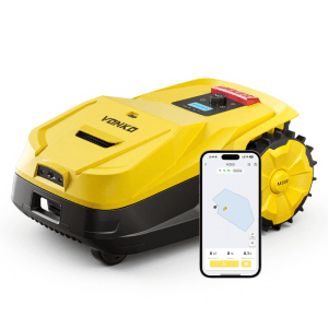 Gelber VONKO M200 Mähroboter mit App, kabelloser RTK+AI Vision Navigation für Rasenflächen bis 1500 m².