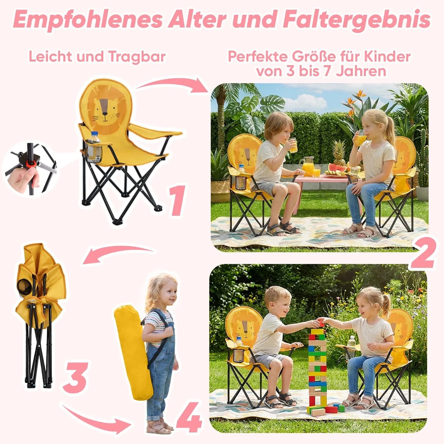 Sunula Kinder Campingstuhl Löwe: Klappbarer Outdoor-Stuhl mit Tragebeutel für Camping & Garten.