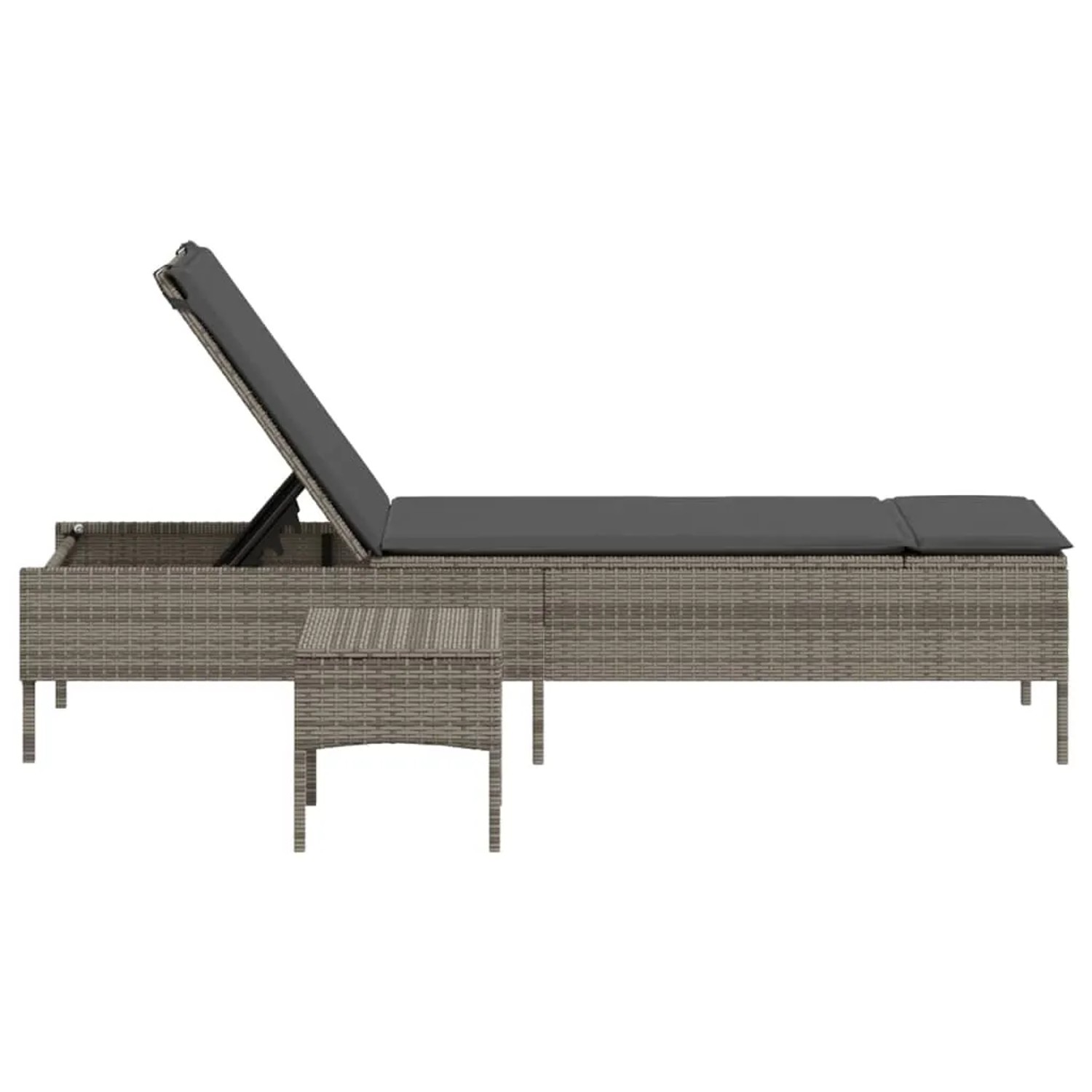 Graue vidaXL Sonnenliege mit Tisch und Auflage aus Poly Rattan. Verstellbare Rückenlehne.