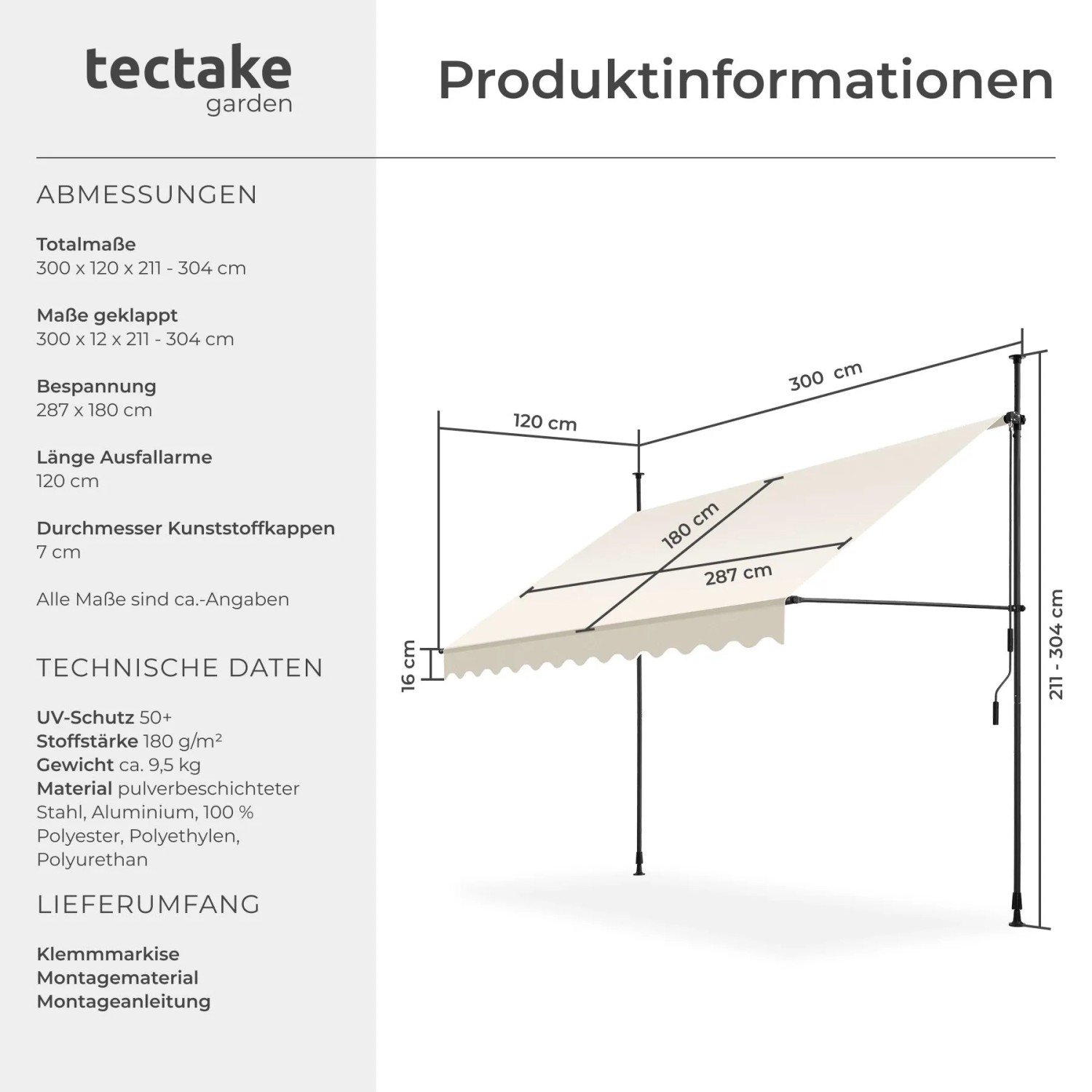 Technische Zeichnung der beigen Tectake Klemmmarkise mit Handkurbel, Maße 300x180 cm, UV-Schutz 50+.