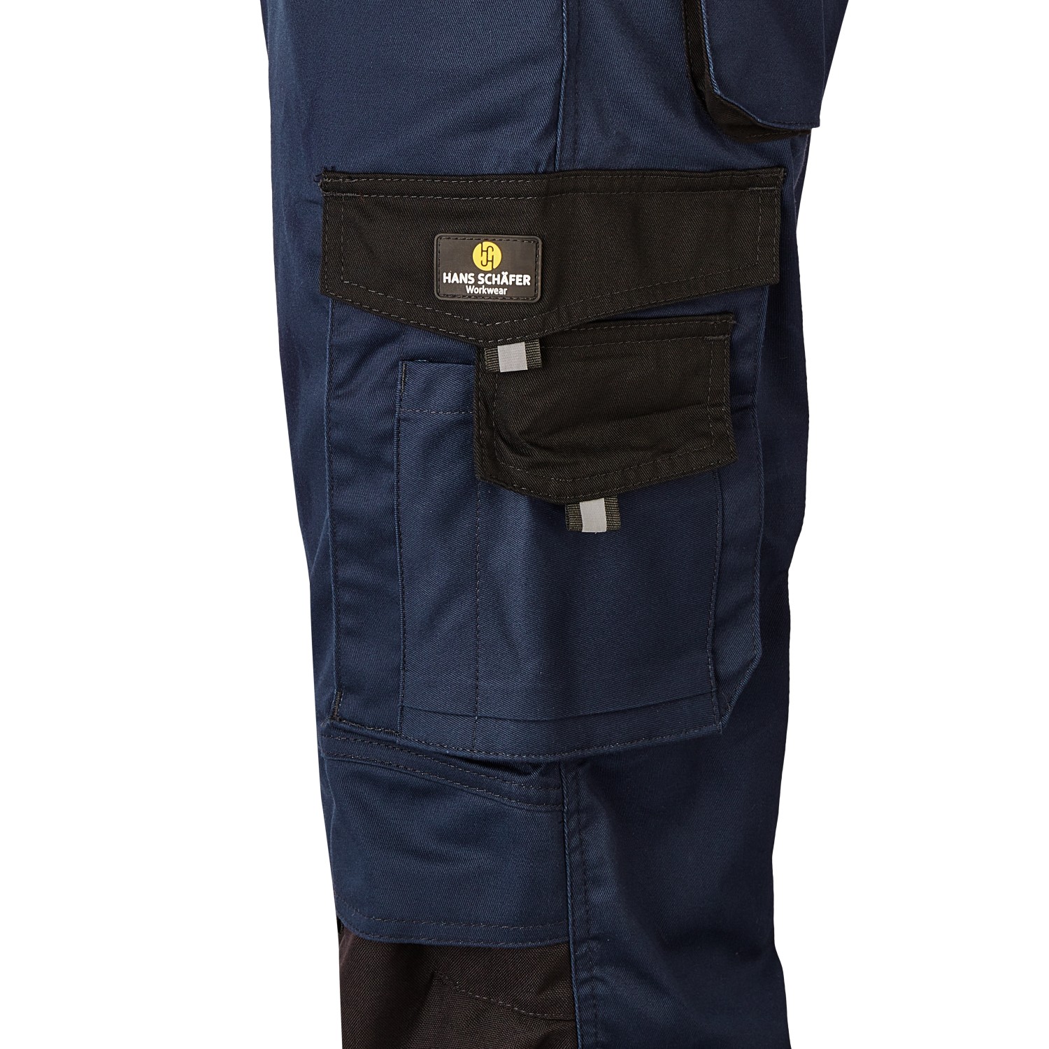 Detailaufnahme: Hans Schäfer Workwear Bundhose Argos, blau/schwarz, mit Taschen.