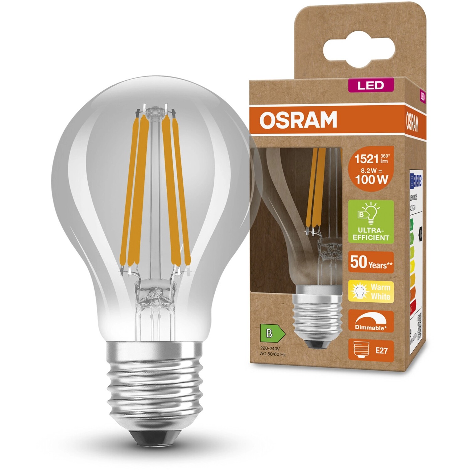 Osram LED-Lampe E27, 8,2W, 1521lm, Glühlampenform, klar, warmweiß.