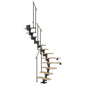 Dolle Mittelholmtreppe Dublin, Ahornstufen, anthrazitfarbener Holm, gewendelt, mit Geländer.