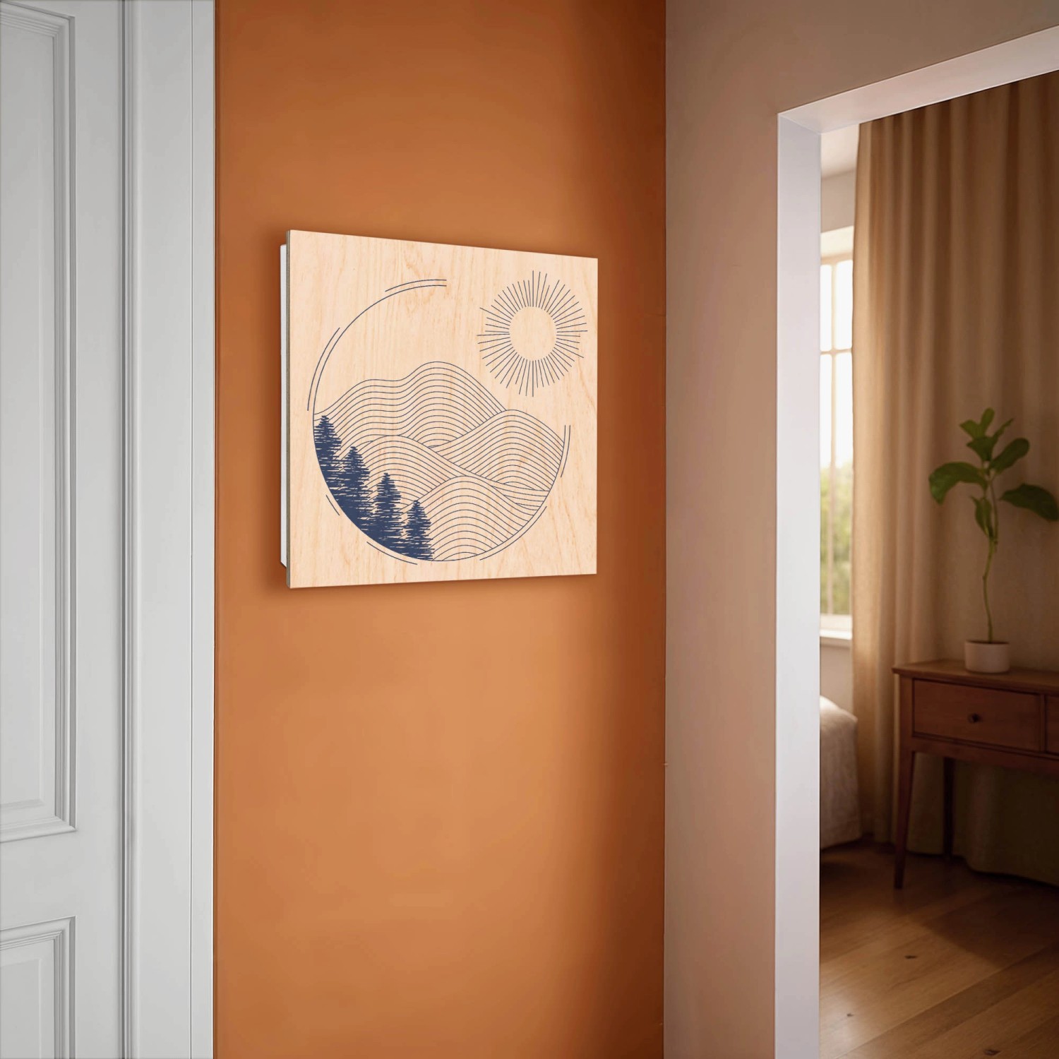 Banjado Schlüsselkasten mit abstrakter Landschaft auf Holzfront, 30x30cm, Weiß. Schlüsselaufbewahrung für die Wand.