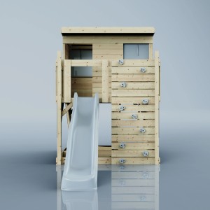 PolarPlay Stelzenhaus Polarstern mit Rutsche und Kletterwand aus Holz.