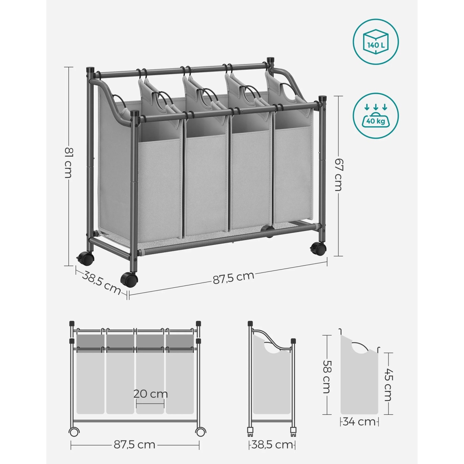 Grauer Songmics Wäschesammler mit 4 Fächern (140 l) und Rollen.
