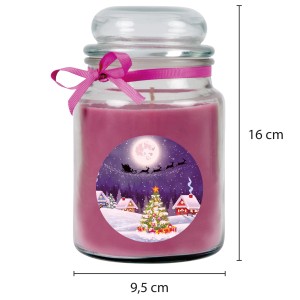 Lila Duftkerze im Glas mit Weihnachtsmotiv, 110h Brenndauer. Stumpenkerze für gemütliche Stimmung.