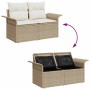7-teiliges Garten-Sofa-Set aus Poly Rattan in Beige, mit und ohne Kissen.