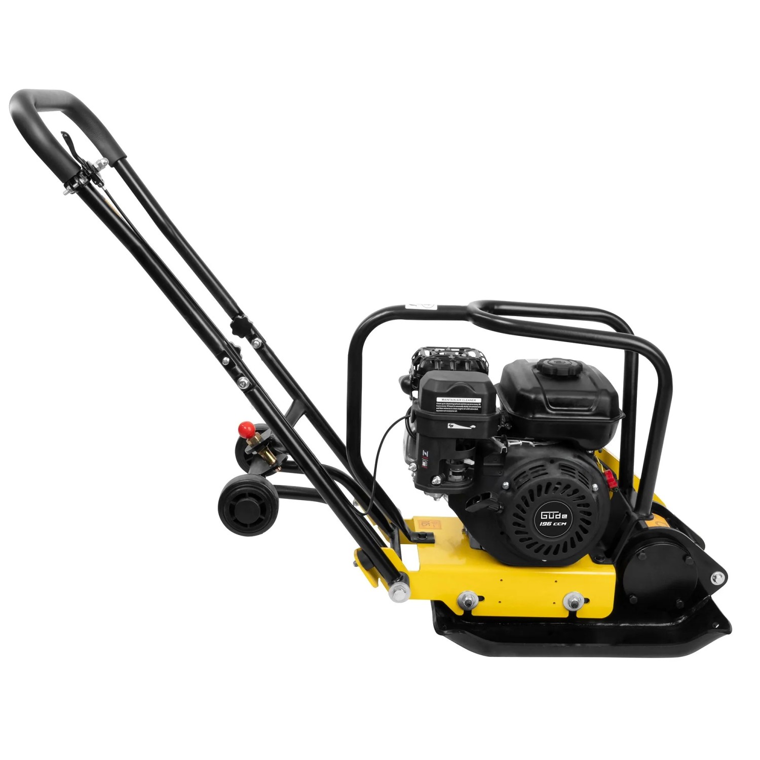 Güde Rüttelplatte GRP 60E: Baumaschine zum Verdichten von Flächen, mit gelbem Gehäuse und schwarzem Motor.
