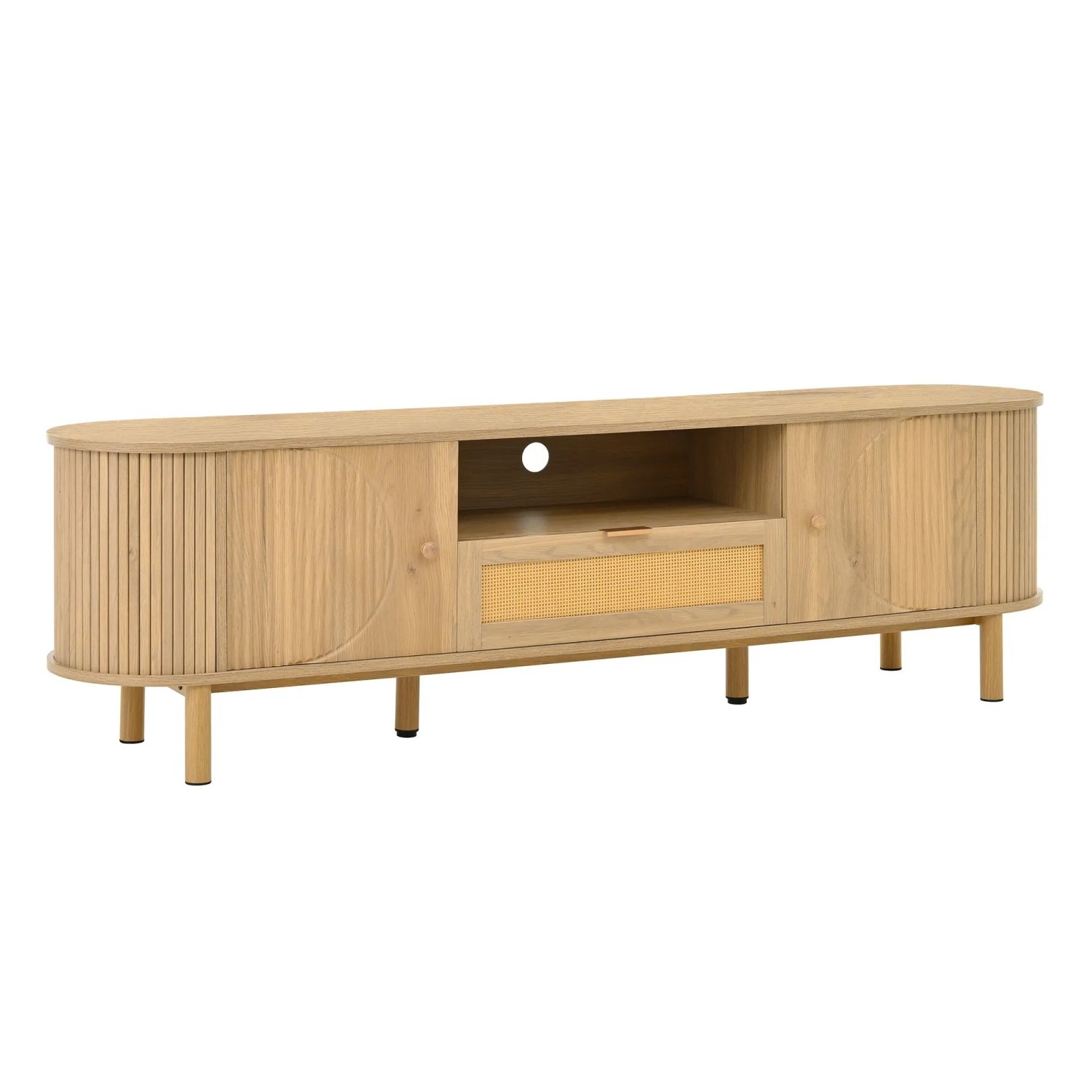 okwish TV Schrank mit Rattan Schubladen Offenen Fächern Metallbeinen 175x36x51cm Natur