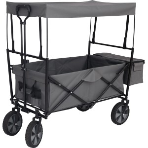 Grauer, faltbarer Bollerwagen mit Dach für Camping & Freizeit.