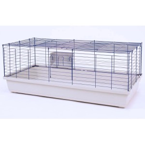Skyline Nagerheim Rabbit 120: Käfig mit blauem Gitter und heller Unterschale für Kaninchen und Meerschweinchen.