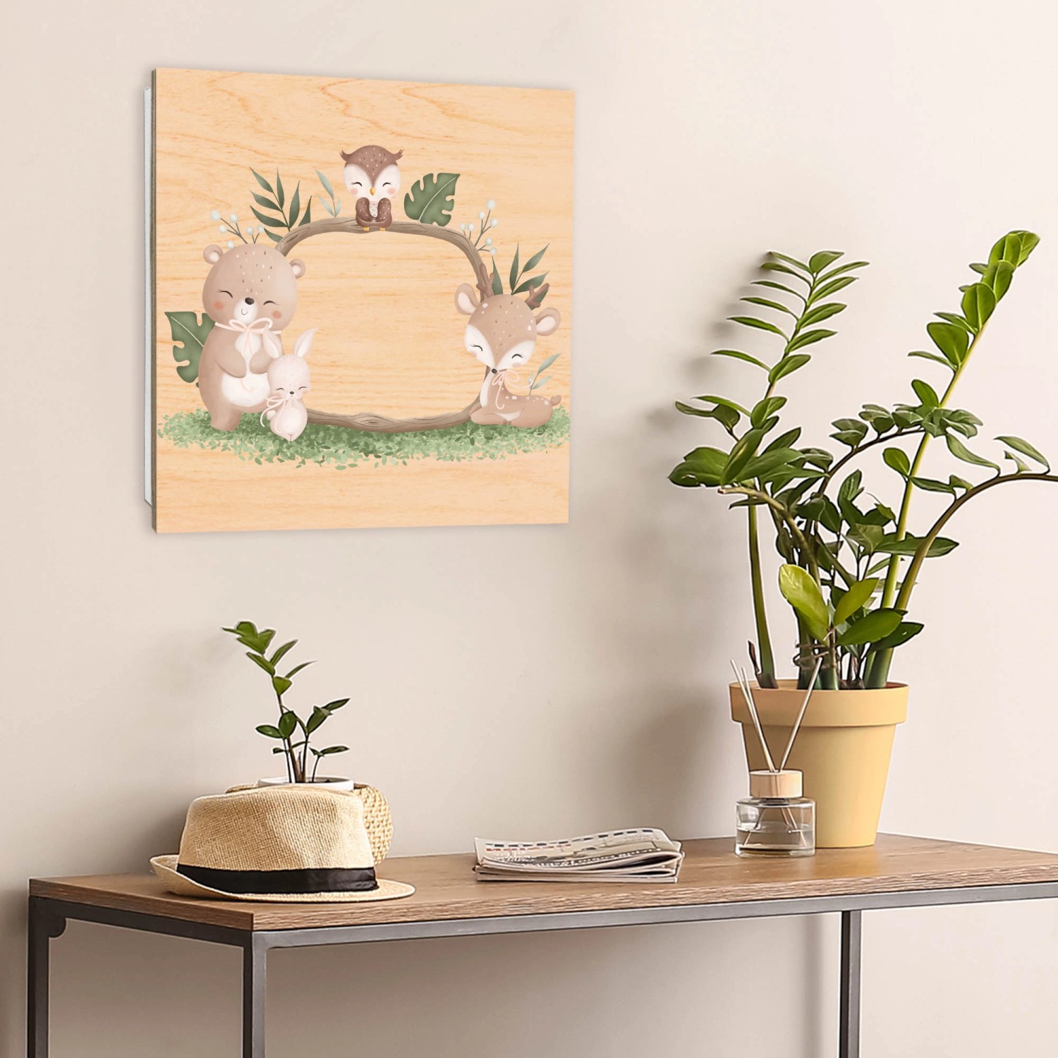 Banjado Schlüsselkasten mit Waldtier-Motiv, 30x30cm, weiße Schlüsselaufbewahrung mit 50 Haken.