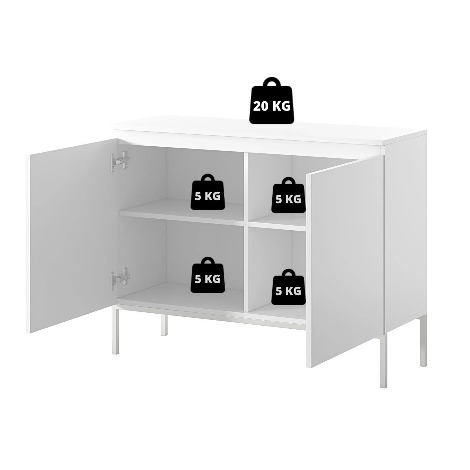 Sideboard Bemmi mit offenen Türen, 4 Fächern und Belastbarkeitsangaben: 20 kg oben, 5 kg pro Regalboden.