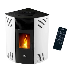 Weißer Sannover Eck-Pelletofen Iseos 12,2 kW mit schwarzer Front, sichtbarer Flamme und Fernbedienung. Modernes Design.