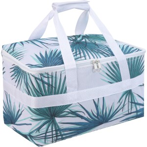 Kühltasche Palmelo 14 l mit Palmenblattmuster, weiße Tragegriffe, ideal für Picknick und Camping.