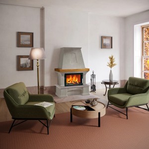 Moderner Kaminofen Leichtbeton Creme 8 kW im Wohnraum mit passenden Möbeln.