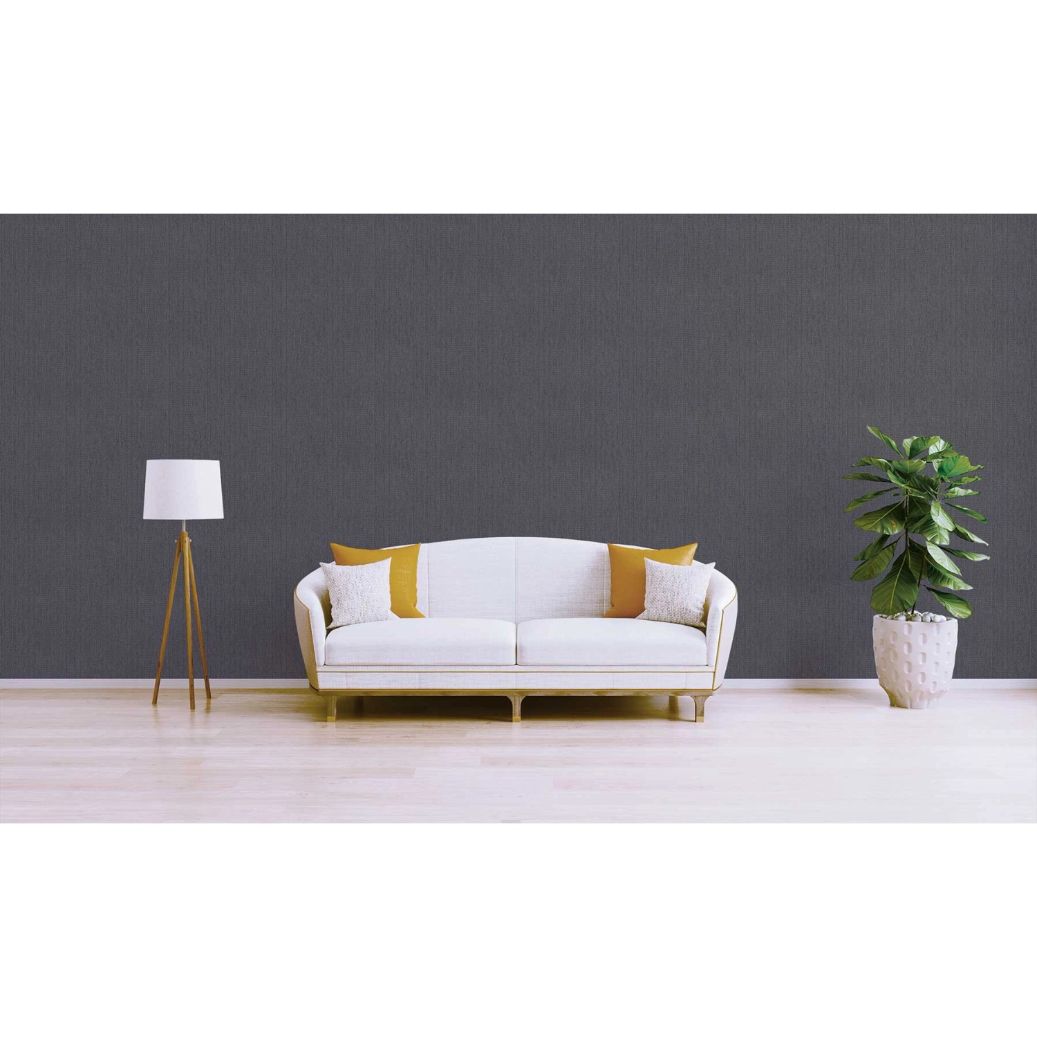 Wohnraum mit anthrazitfarbener Tadessi Unitapete. Einfarbige Vliestapete für moderne Wandgestaltung.