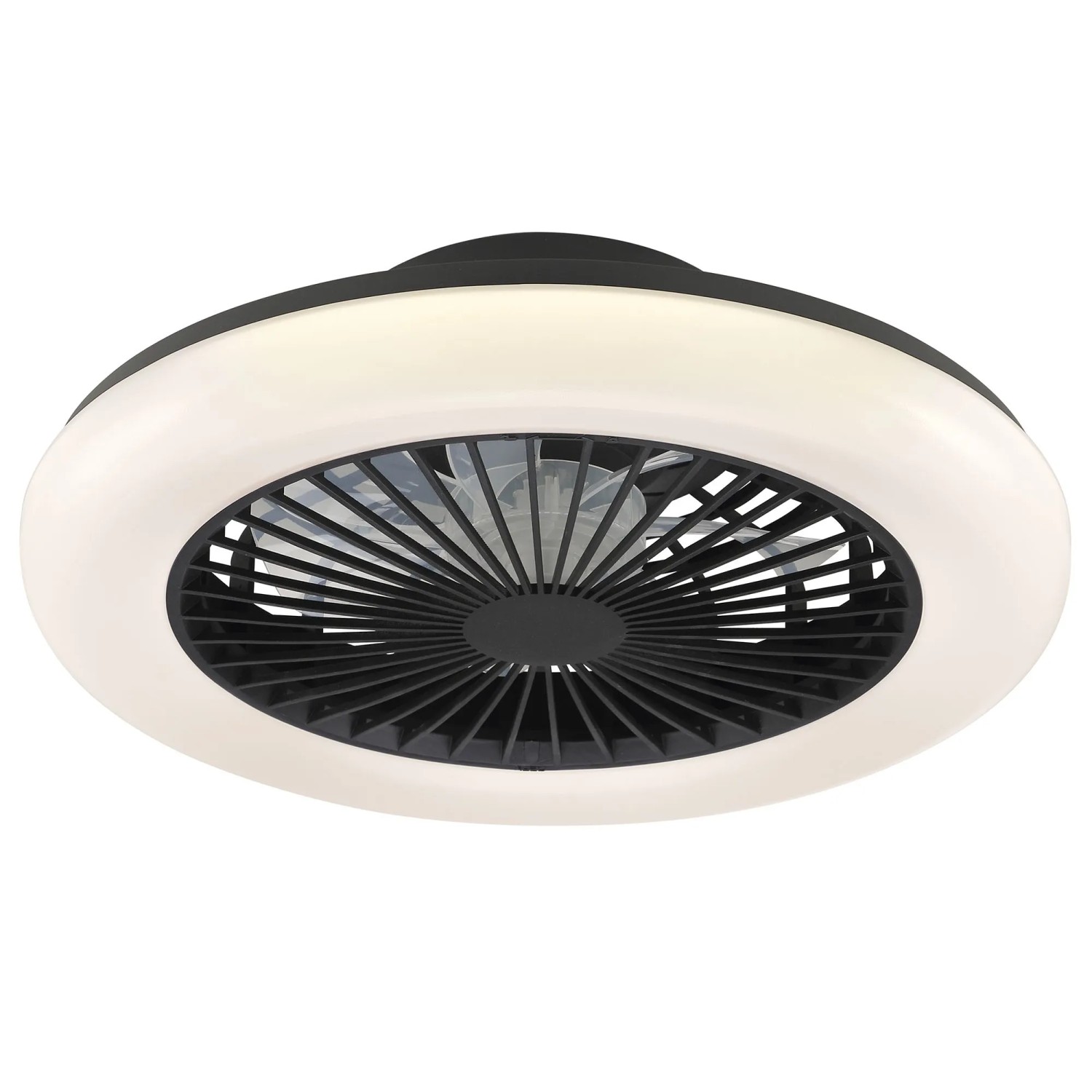 Schwarze LED-Deckenleuchte Montero mit Ventilator, Ø 42cm. Moderne Deckenlampe mit einstellbarer Lichtfarbe.