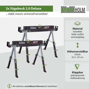 TRUTZHOLM 2er-Set Sägeböcke Deluxe, 9-fach höhenverstellbar, Stahl, bis 1300 kg belastbar.