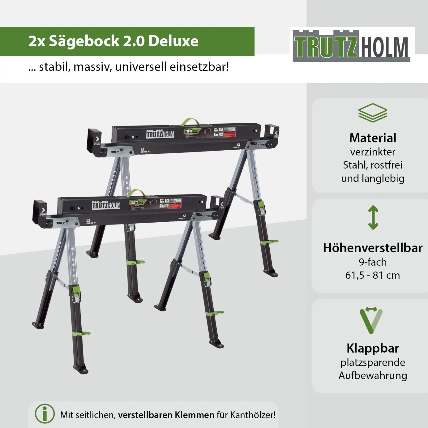 TRUTZHOLM 2er-Set Sägeböcke Deluxe, 9-fach höhenverstellbar, Stahl, bis 1300 kg belastbar.