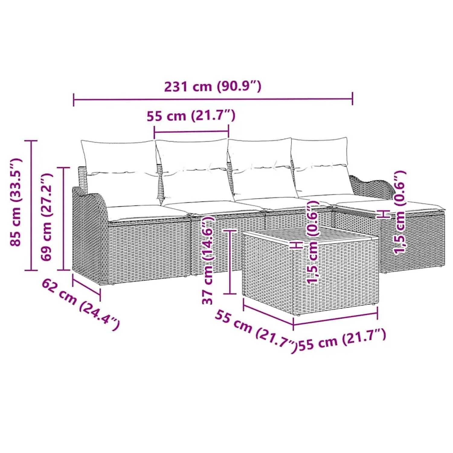 Graues 6-teiliges Garten-Sofa-Set aus Poly Rattan mit Tisch und modularem Design.