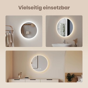 Emke Badspiegel: Runder Spiegel (60cm) mit LED-Beleuchtung in verschiedenen Nutzungsszenarien.