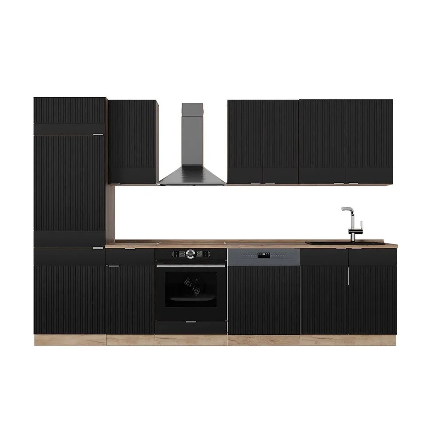 Vicco Fame-Line Küchenzeile Schwarz Gestreift Goldkraft Eiche 300 cm AP Eiche ohne E-Geräte