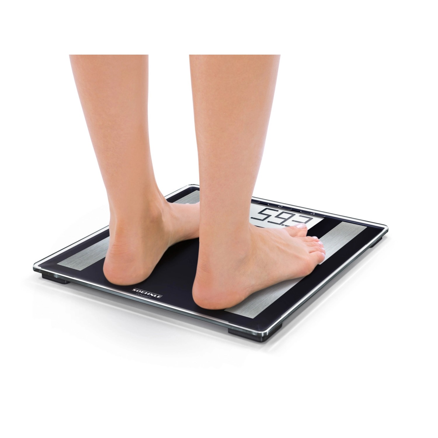 Leifheit Digital Shape Sense Connect 50 Personenwaage in Schwarz-Silber mit Füßen auf der Wiegefläche.