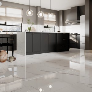 Verlegte, glänzend polierte Bodenfliese Feinsteinzeug Opus, 60x30 cm, in Marmoroptik im modernen Küchenambiente.