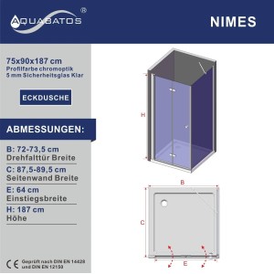 Aquabatos Eckdusche Falttür mit Seitenwand Duschkabine Eckeinstieg Rahmenlos 75 x 90 cm Duschwand Höhe 187 cm aus 5 mm ESG Sicherheitsglas