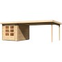 Unbehandeltes Karibu Holz-Gartenhaus Ängelholm mit Pultdach und Anbau.