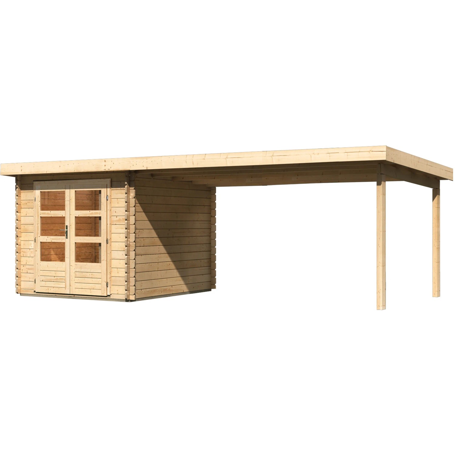 Unbehandeltes Karibu Holz-Gartenhaus Ängelholm mit Pultdach und Anbau.