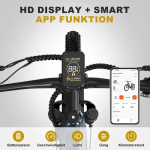 HITWAY E-Bike BK16 Lenker mit HD Display und Smartphone App. Zeigt Batteriestand, Geschwindigkeit, Gang, Kilometerstand.