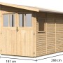 Karibu Holz-Gartenhaus Kristiansund, unbehandelt, mit Pultdach und Maßangaben.
