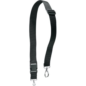 Schwarzer Tragegurt mit Karabinerhaken und Schnalle für Heckenschere.