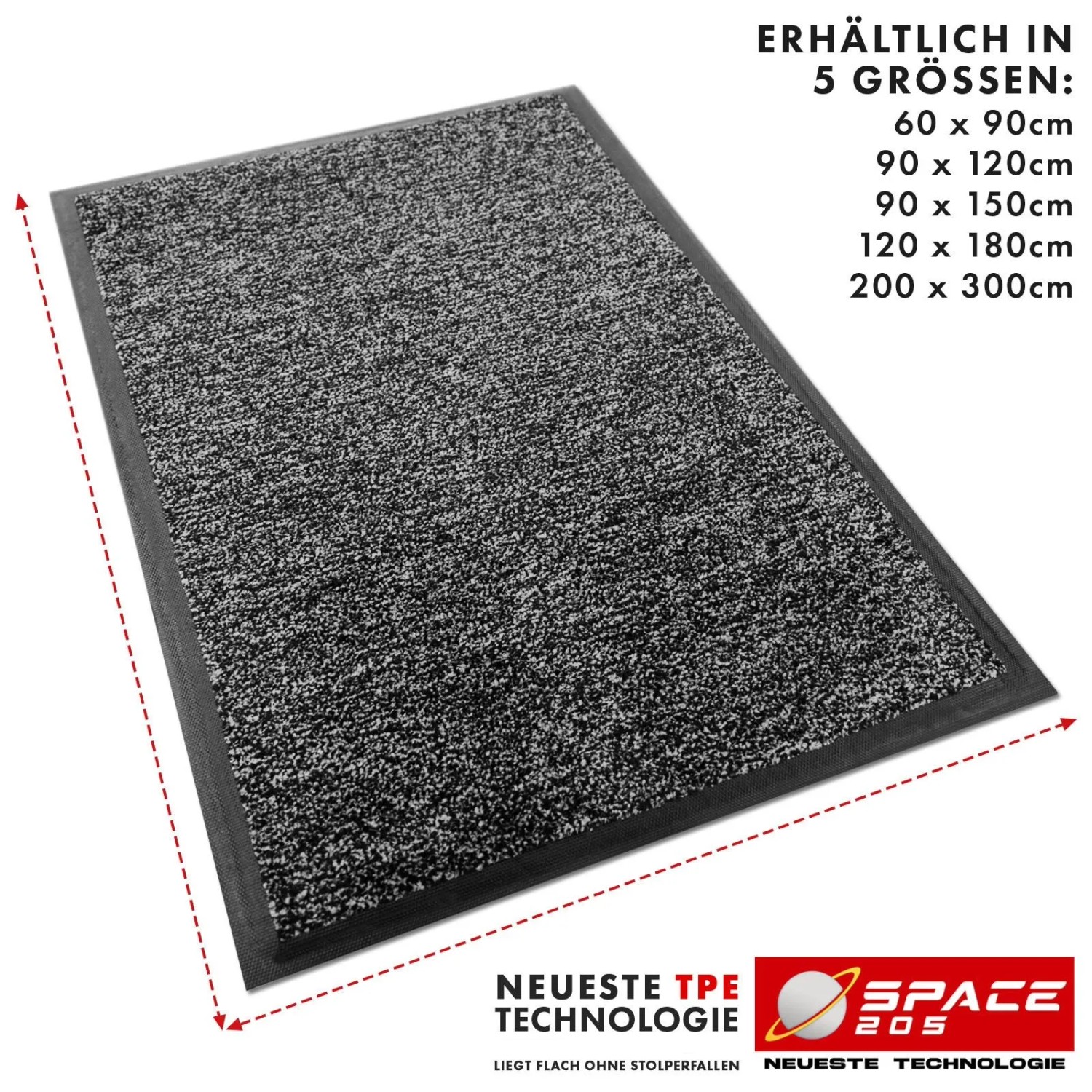 Anthrazitfarbene Floordirekt Schmutzfangmatte Space 205, 90x150 cm, rutschfest mit TPE-Rücken. Ideal für Eingangsbereiche.